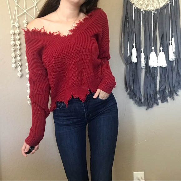 Sweaters - Distressed red crop sweater